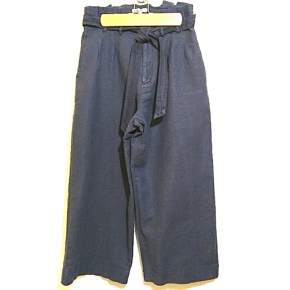 NWT RAG POETS LINEN BLEND DARK BLUE CROPPED PAPERBAG PANTS WIDE LEG EASY BREEZY - Picture 7 of 12